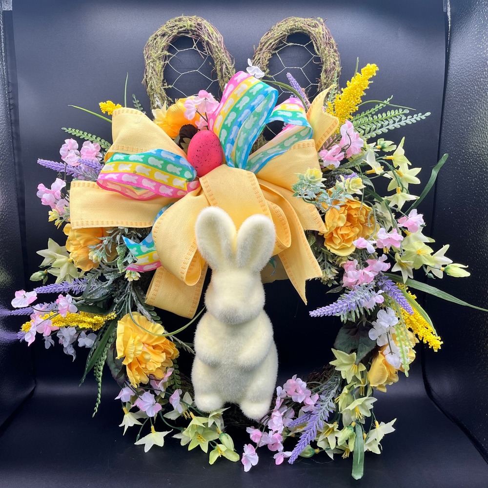 Easter Bunny Grapevine Wreath Yellow Velvet Rabbit Spring Floral Door 21" Pastel